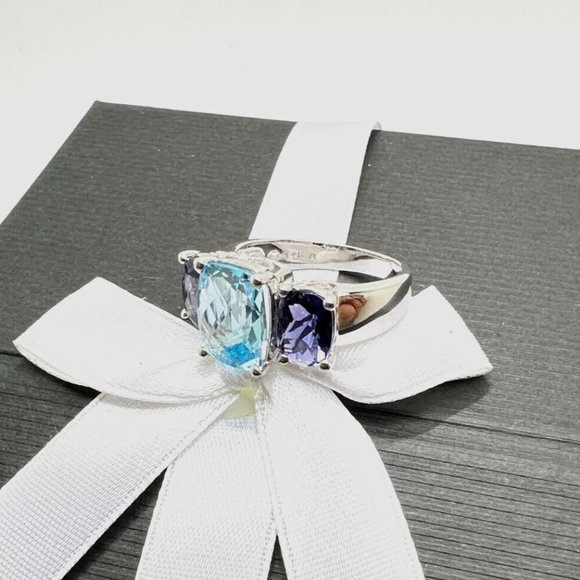 14k White Gold Rectangle Blue Topaz with Rectangle Amethysts Ring SIZE 8.5